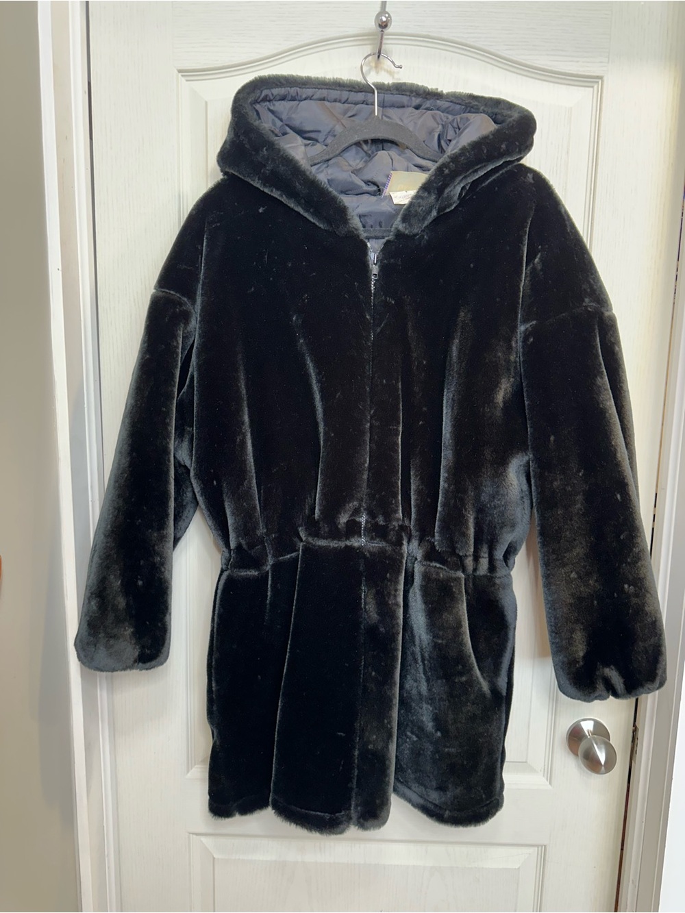 VTG CLTO JUNIORS Y2K Black Faux Fur Hooded Jacket Drawstring Waist Quilted SzM